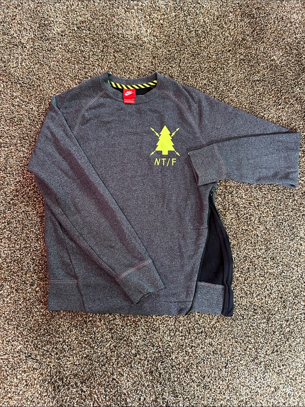 Nike Men’s Charcoal Crewneck Sweatshirt with Neon Yellow Tree Graphic